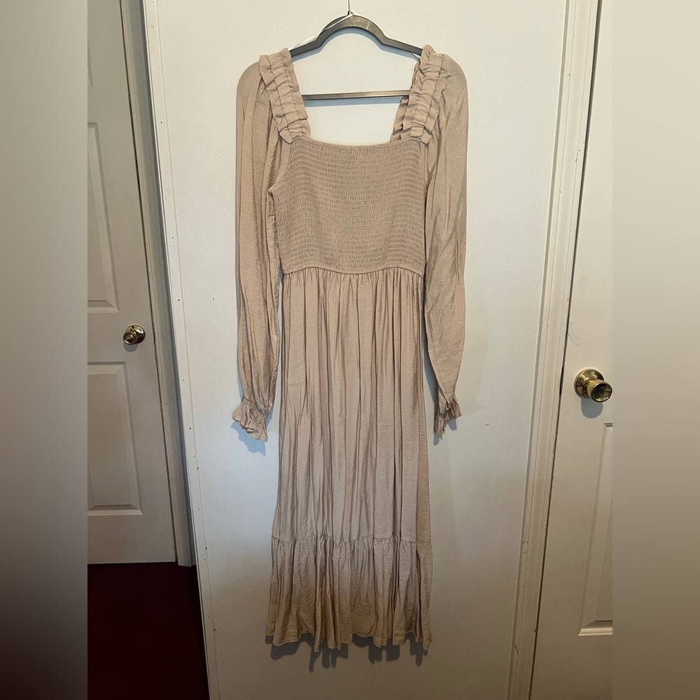 Cream Long Sleeve Shirred Dress